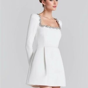 Chic White Long Sleeve Dress with Embellished Neckline
